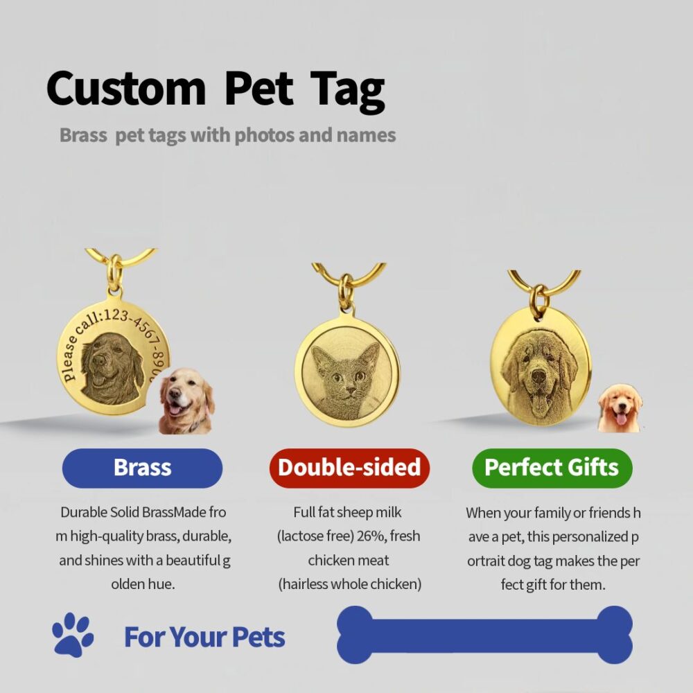Custom Brass Pet Portrait ID Tag - Personalized Double-Sided Engraved Dog & Cat Name Tag - Image 4